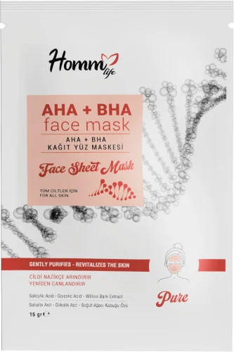 Homm Life AHA-BHA Kağıt Yüz Maskesi; cilt bakım rutinine eşlik etmek üzere geliştirilmiş kağıt formunda bir yüz bakım maskesidir. AHA ve BHA içeren formülüyle haftalık bakım rutinl