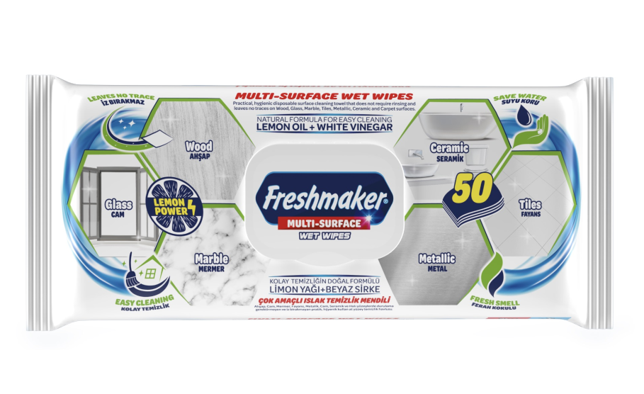 Freshmaker Çok Amaçlı Islak Temizlik Mendili Limon Yağı-Beyaz Sirke 50' li
